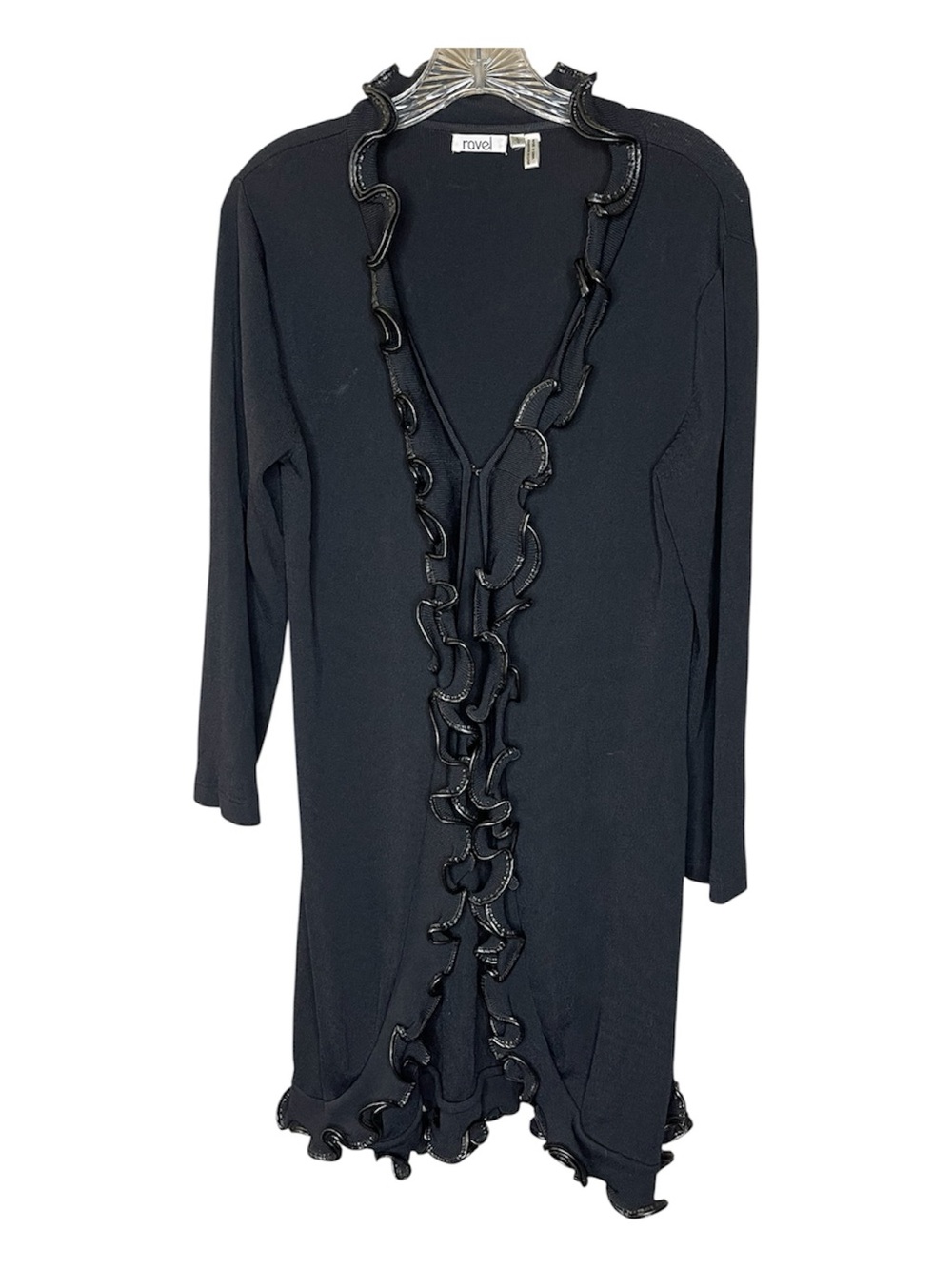 Ravel Black Faux Leayher Ruffle-Trim Open Cardigan Sz L